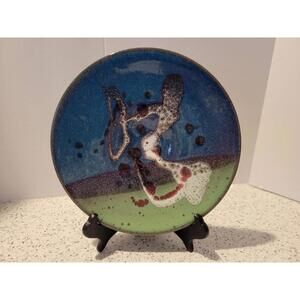 MEC Blue Green Art Pottery Plate Abstract Rustic Glaze Earthy Table Decor